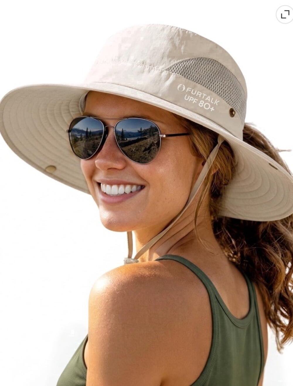 Furtalk Sun Panama Hat Beige Nylon Wide Brim Vented Mesh Ponytail UPF 80+